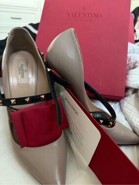 Valentino Taupe Leather Pointed-Toe Pumps with Black Studded Strap